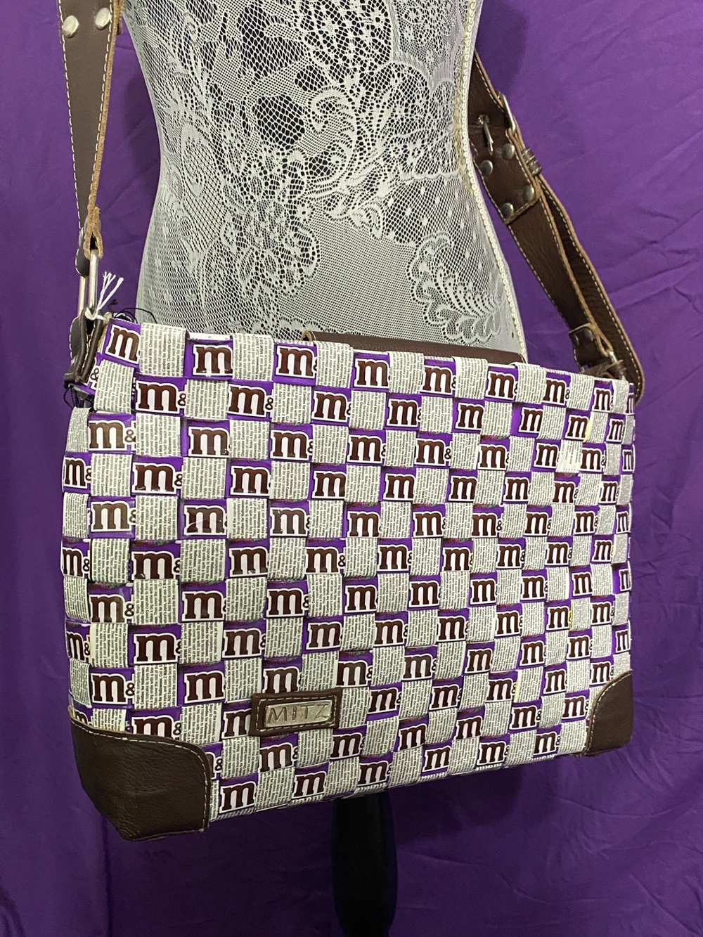 Upcycled M&M'S Wrappers Checker Purple & Brown Leather Crossbody Bag by Mitz